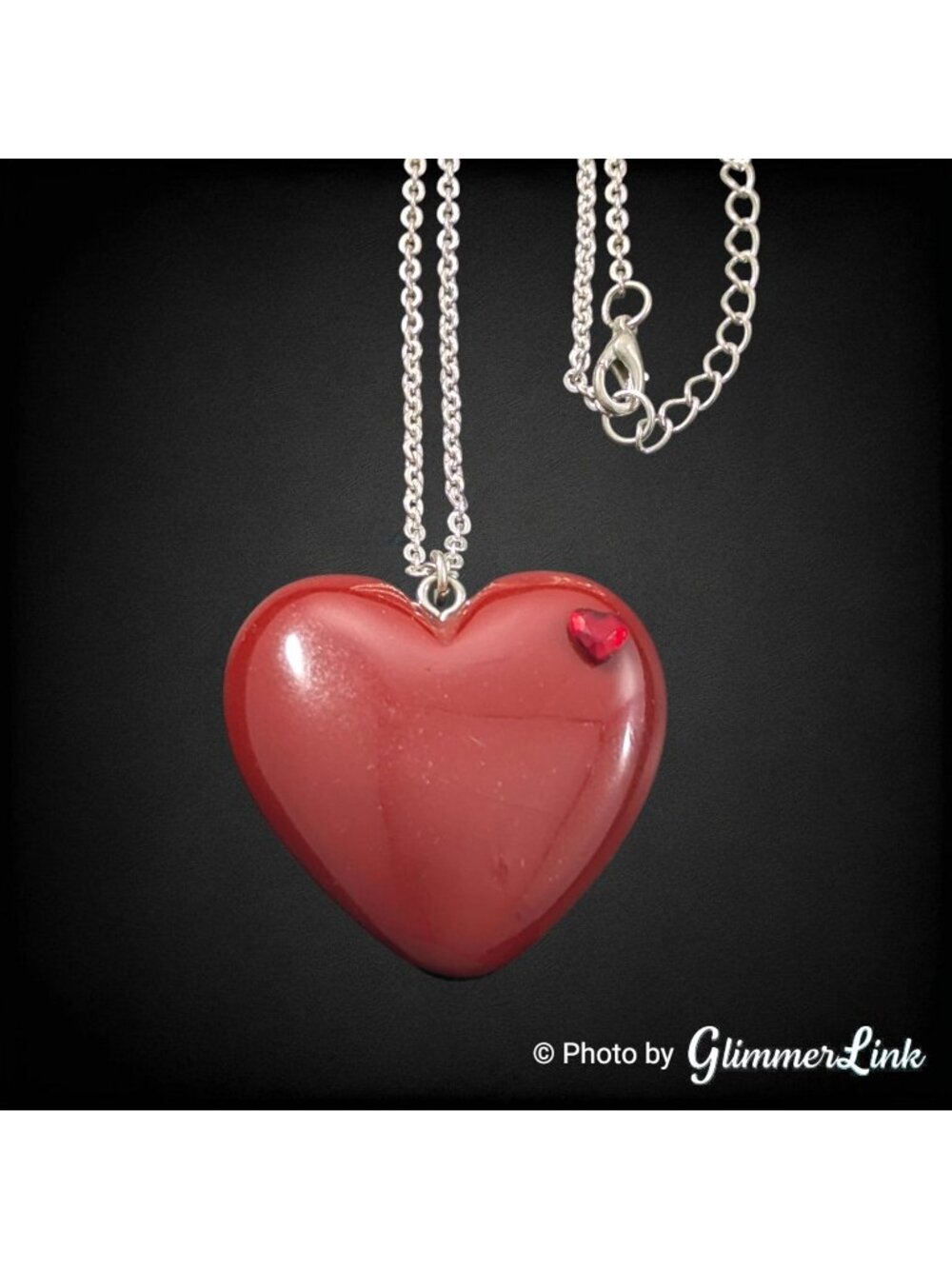 Chunky Red Puffy Heart Pendant Necklace Rhinestone Accent Silver Tone